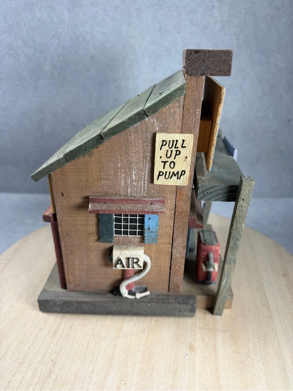Vintage Wooden Gas Station Birdhouse Rustic Auto Repair Shop Folk Art Garden